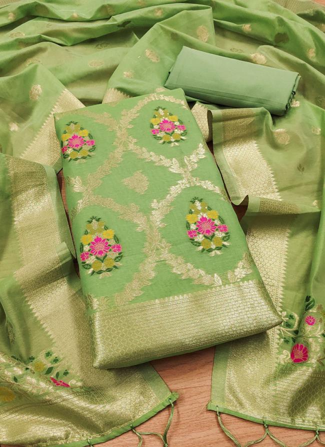 Pure Chanderi Banarasi Silk Mint Green  Weaving Dress Material